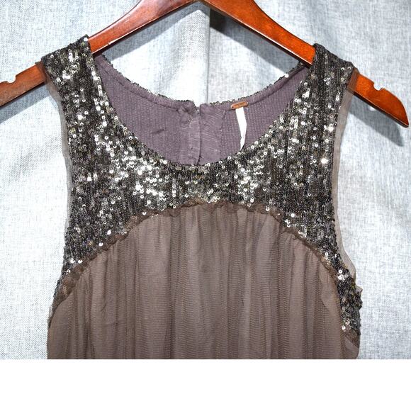 Free People Brown Sequin & Embroidered Mesh Dress Size M - Picture 2 of 3